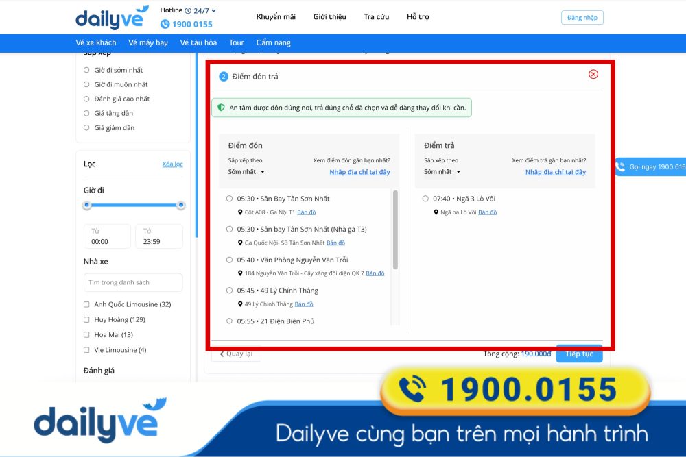 Lựa chọn điểm đón và điểm trả khách tiện lợi nhất với lịch trình của bạn