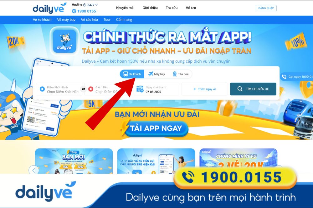 Bạn chọn mục “Xe khách” để bắt đầu tìm chuyến xe phù hợp cho mình
