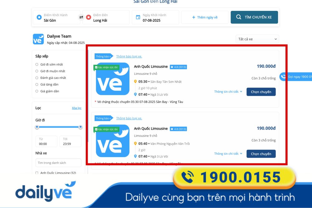 So sánh dòng xe, giờ khởi hành, giá vé của các nhà xe được hiển thị để chọn chuyến phù hợp