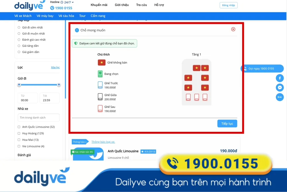 Bạn có thể chọn trước ghế ngồi mong muốn ngay trên sơ đồ xe của Dailyve.com.vn