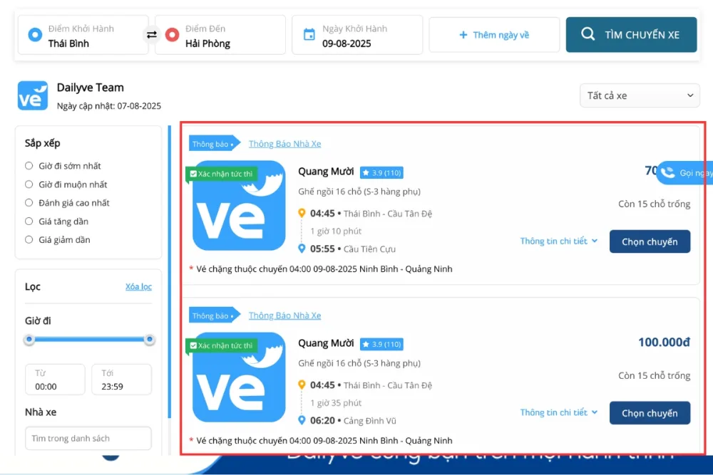 So sánh dễ dàng các nhà xe theo giá vé khung giờ