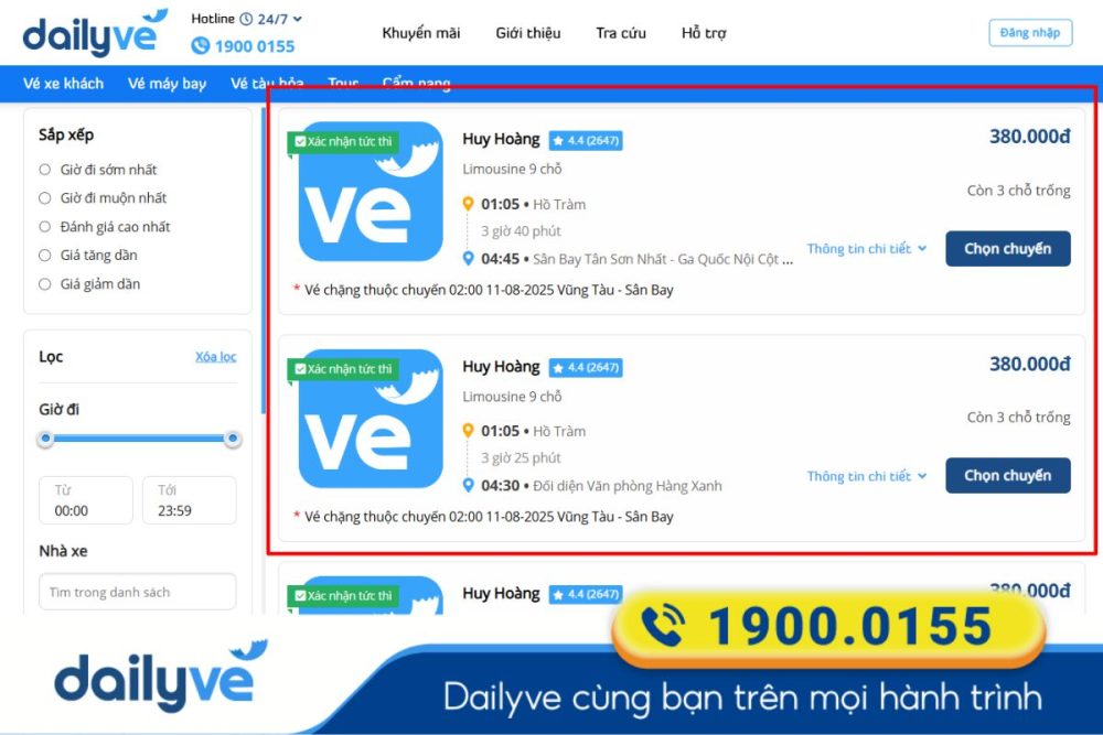 So sánh thông tin về nhà xe, tiện nghi và giá trước khi lựa chọn