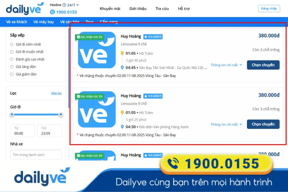 So sánh thông tin về nhà xe, tiện nghi và giá trước khi lựa chọn