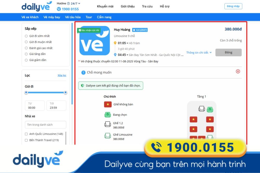 Lựa chọn ghế ngồi và địa điểm đón - trả phù hợp nhất