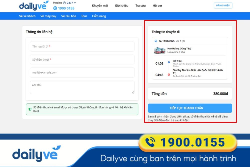 Hành khách thanh toán để nhận vế về SMS hoặc email