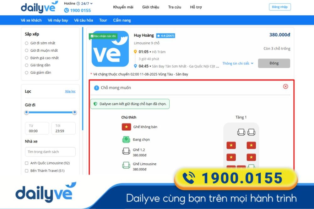 Hành khách chọn ghế ngồi và điểm đón - trả khách phù hợp với bản thân