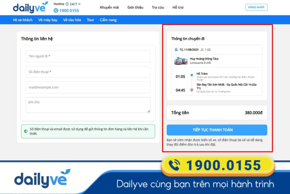 Hành khách tiến hành thanh toán để nhận vé về số điện thoại