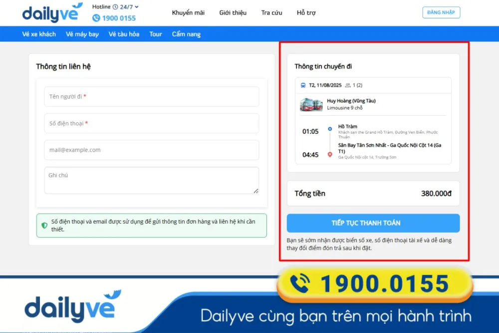 Hành khách tiến hành thanh toán để nhận vé về số điện thoại