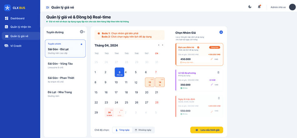 Hệ thống Setup giá vé của CLX